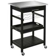 Carrello da Cucina con Ruote, Mensola e Porta Bottiglie, Piano in Acciaio Inox, 60L x 40P x 85A cm, Nero