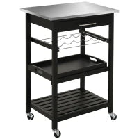 Carrello da Cucina con Ruote, Mensola e Porta Bottiglie, Piano in Acciaio Inox, 60L x 40P x 85A cm, Nero