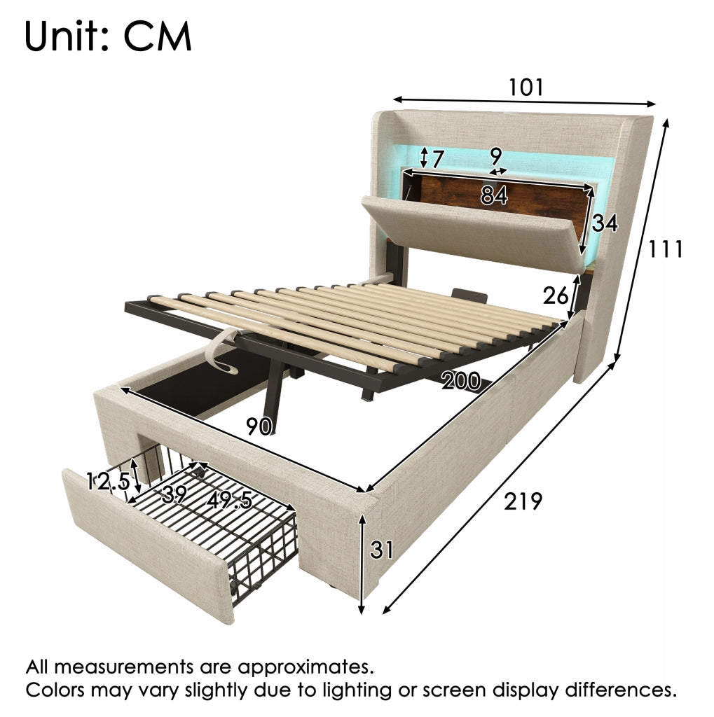 Letto imbottito 90x200 cm beige in lino con contenitore; testiera con USB e LED