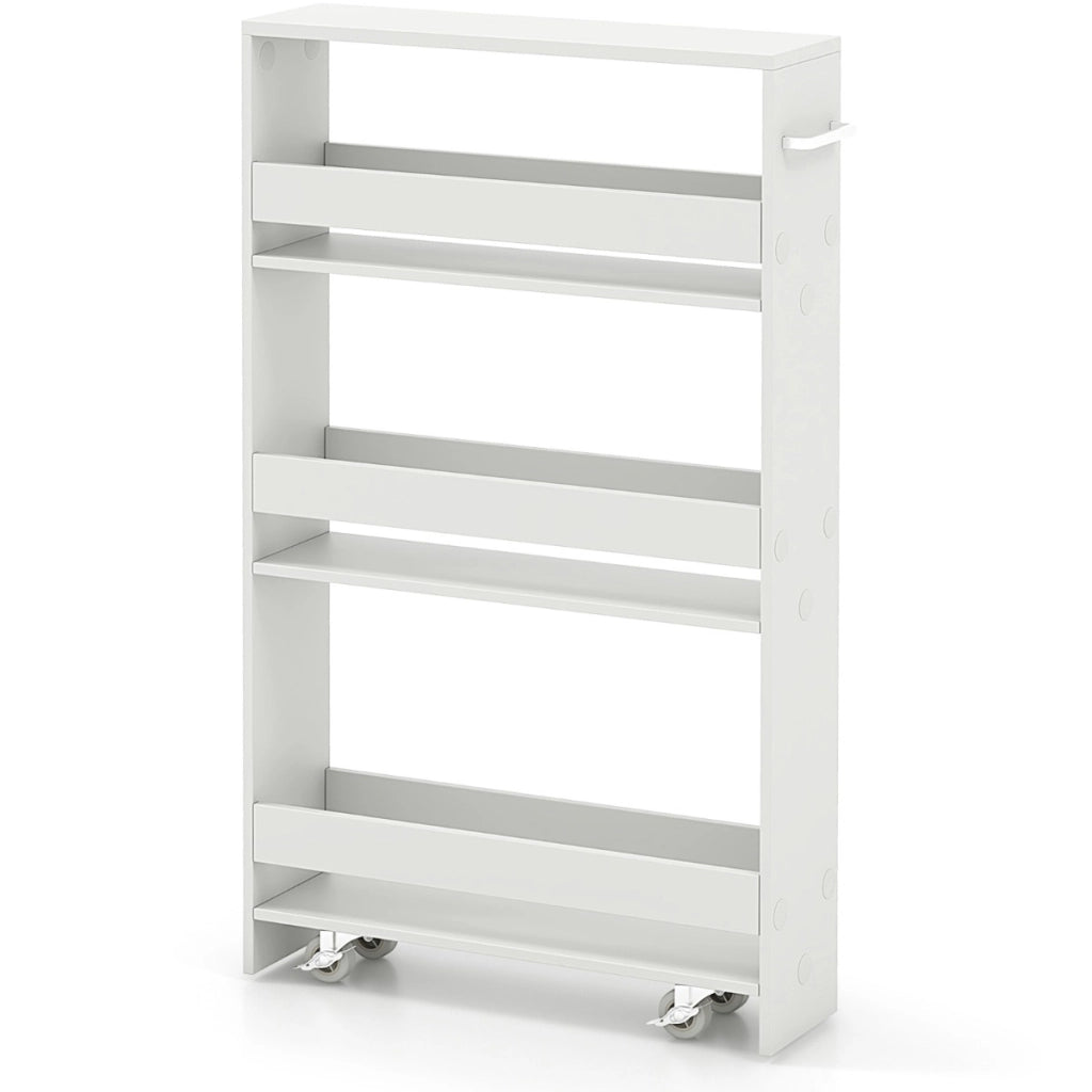 Carrello portaoggetti con maniglia ruote da cucina, Scaffale mobile salvaspazio con scaffali stretti Bianco