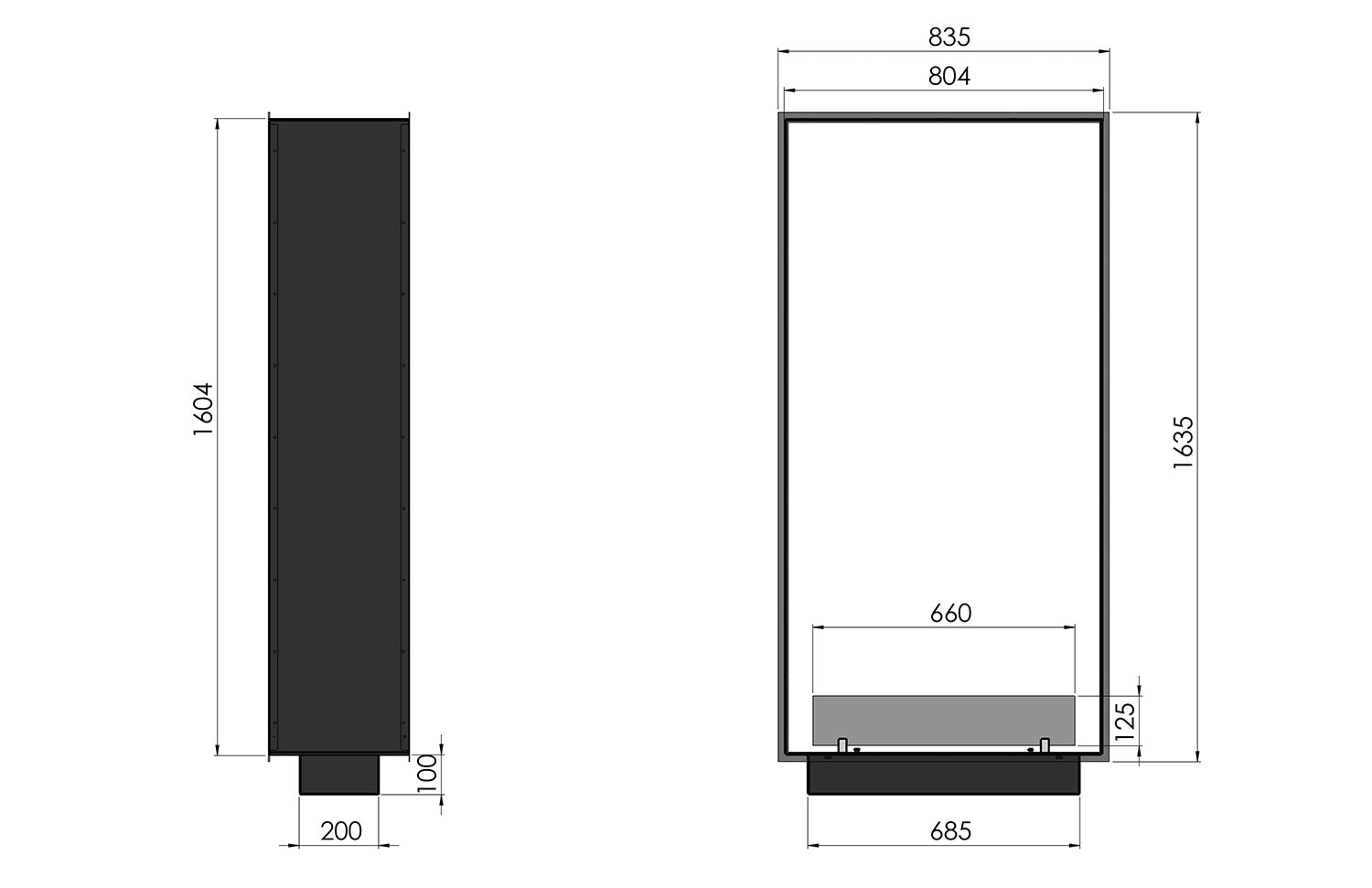 Camino a Bioetanolo da Incasso 83,5x163,5x35 cm Bifacciale 2 Side 1600 Slim Verticale Nero con Vetro
