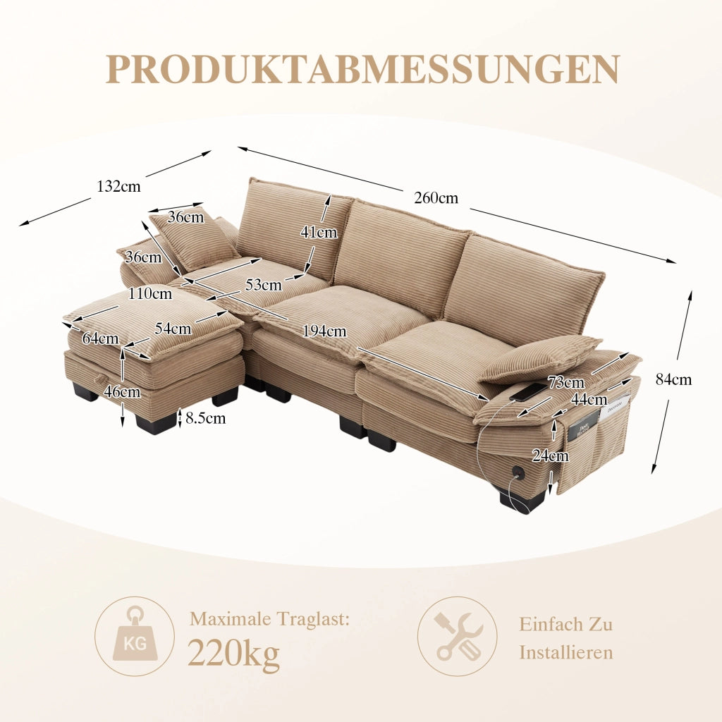 Canapé modulaire 3 posti con pouf, seduta ergonomica, porta USB-C e tasche laterali, in tessuto a coste khaki