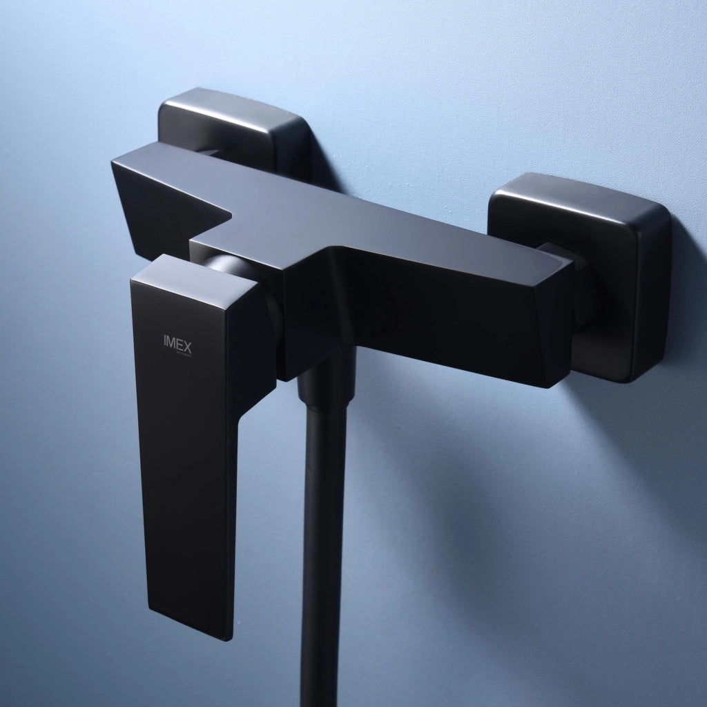 IMEX Miscelatore doccia nero opaco in ottone e zama con supporto ABS tubo flessibile metallico 180 cm maniglia quadrata e cartuccia ceramica Ø35 mm Modello Imex-BDAR025-5NG Art