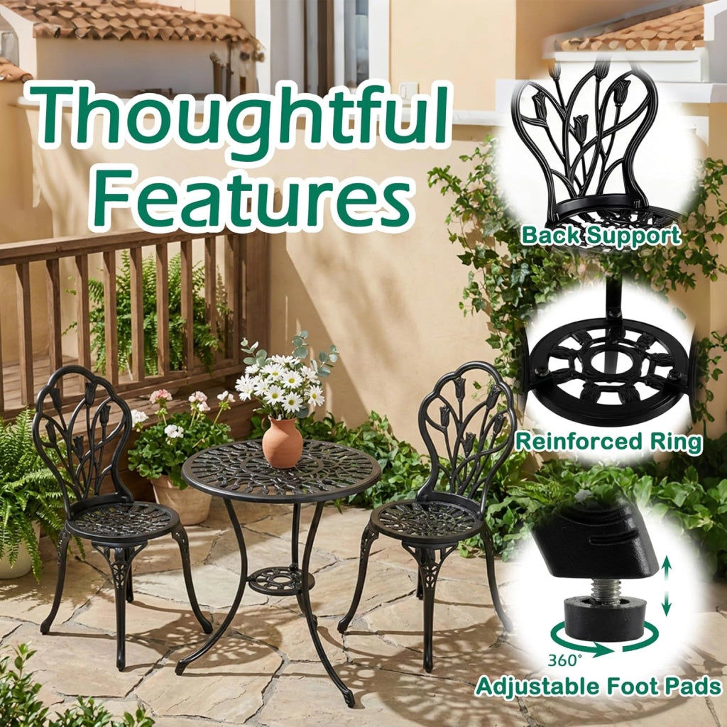 Set da Giardino 3 Pezzi, Tavolo da Bistrot con 2 Sedie in Alluminio Pressofuso, Tavolo con Foro per Ombrellone e Piedini Regolabili, Mobili Resistenti per Balcone, Terrazza e Cortile