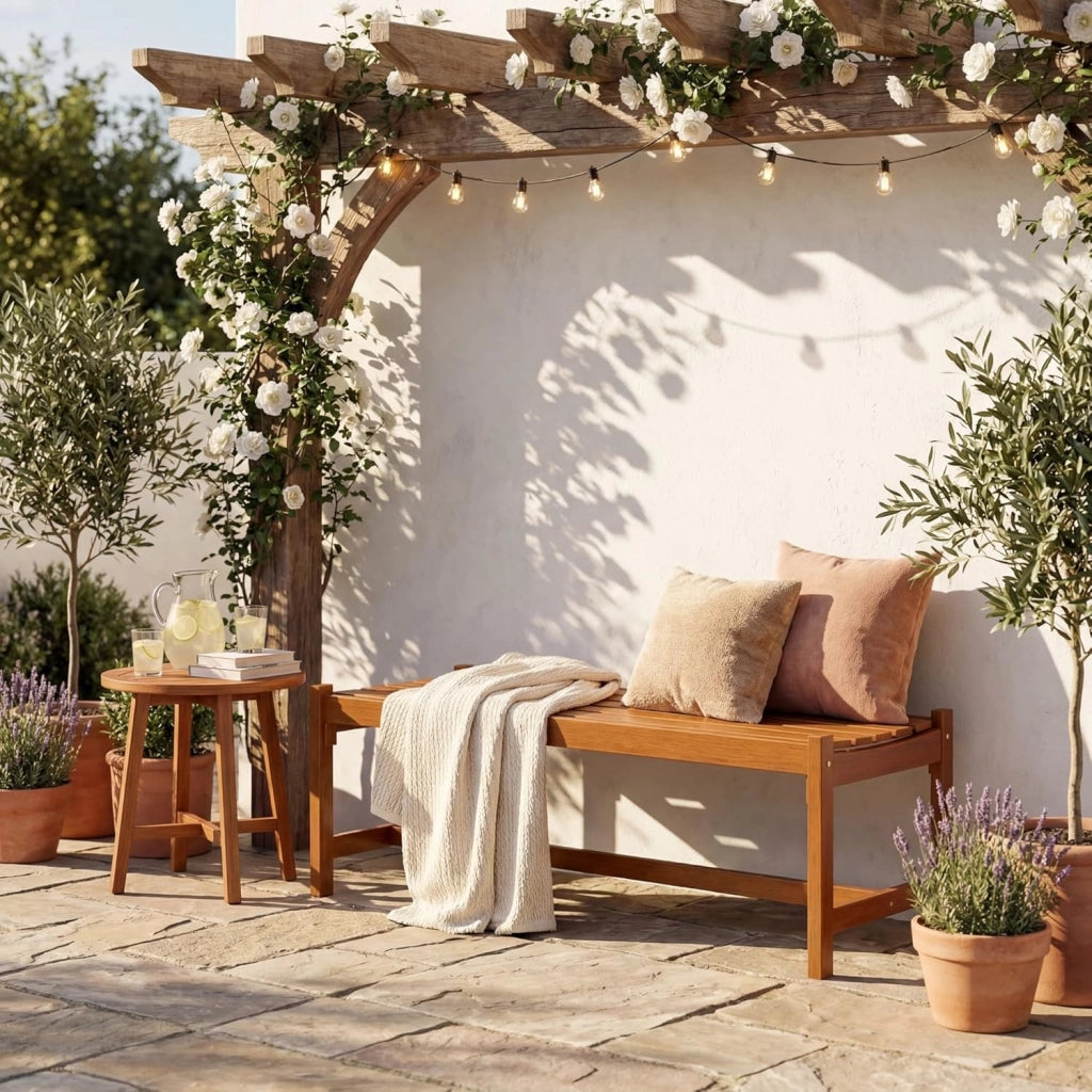 Set di 2 Panchine da Esterno in Legno Massello, Panca a 2 Posti con Sedile Curvo a Doghe, Porta Piante e Panca Ingresso, per Giardino, Terrazza e Cortile, Portata 240 kg, 112 x 51 x 40 cm
