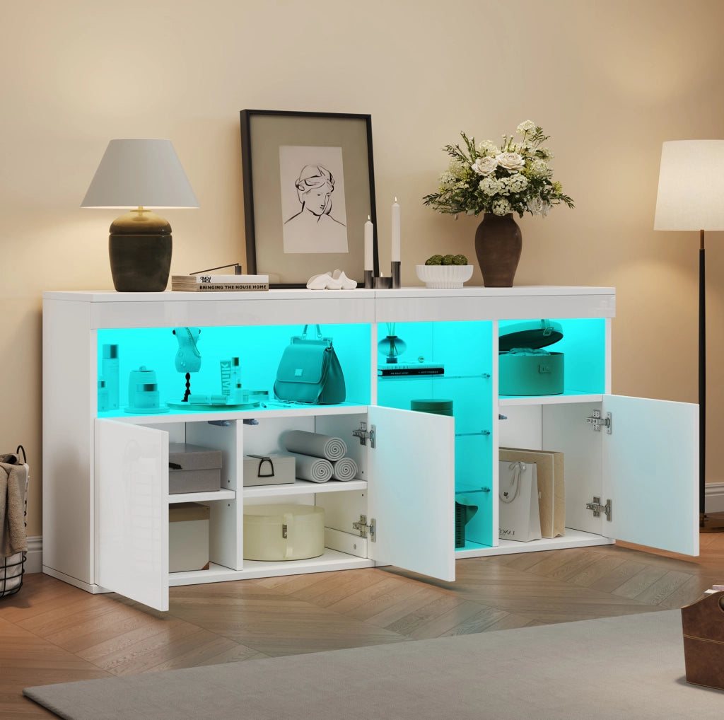 Credenza LED bianca 155,5 x 35 x 72 cm in pannello di particelle e vetro