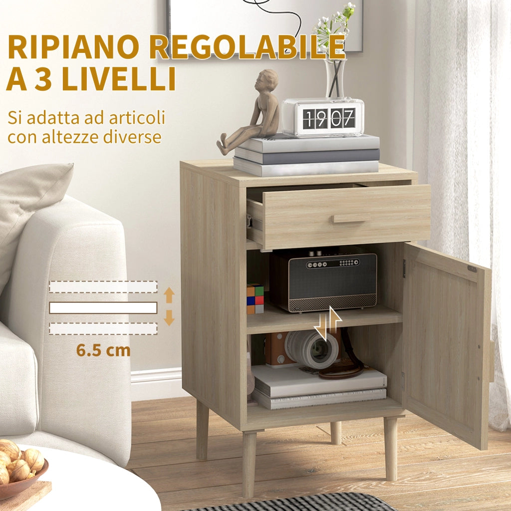 Comodino Camera da Letto con Cassetto e Anta in Rattan ¨C Zephmum ¨C Legno