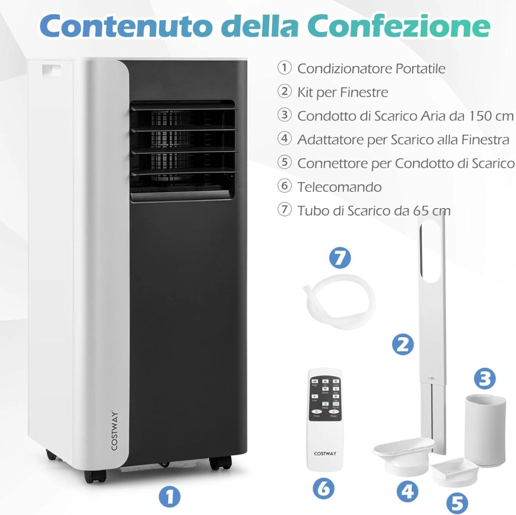 Condizionatore Portatile, 7000BTU/2,0 kW, 4 in 1 Con Raffreddamento, Ventola, Deumidificazione e Modalità Notturna, 24H Timer, R290, per Stanze Fino a 28㎡