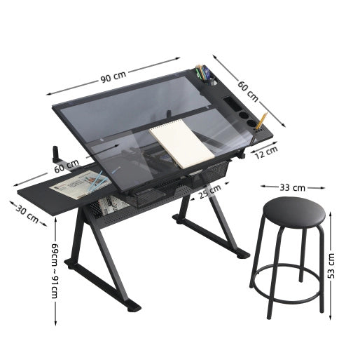 Tavolo da disegno inclinabile con piano in vetro temperato e 2 cassetti; nero