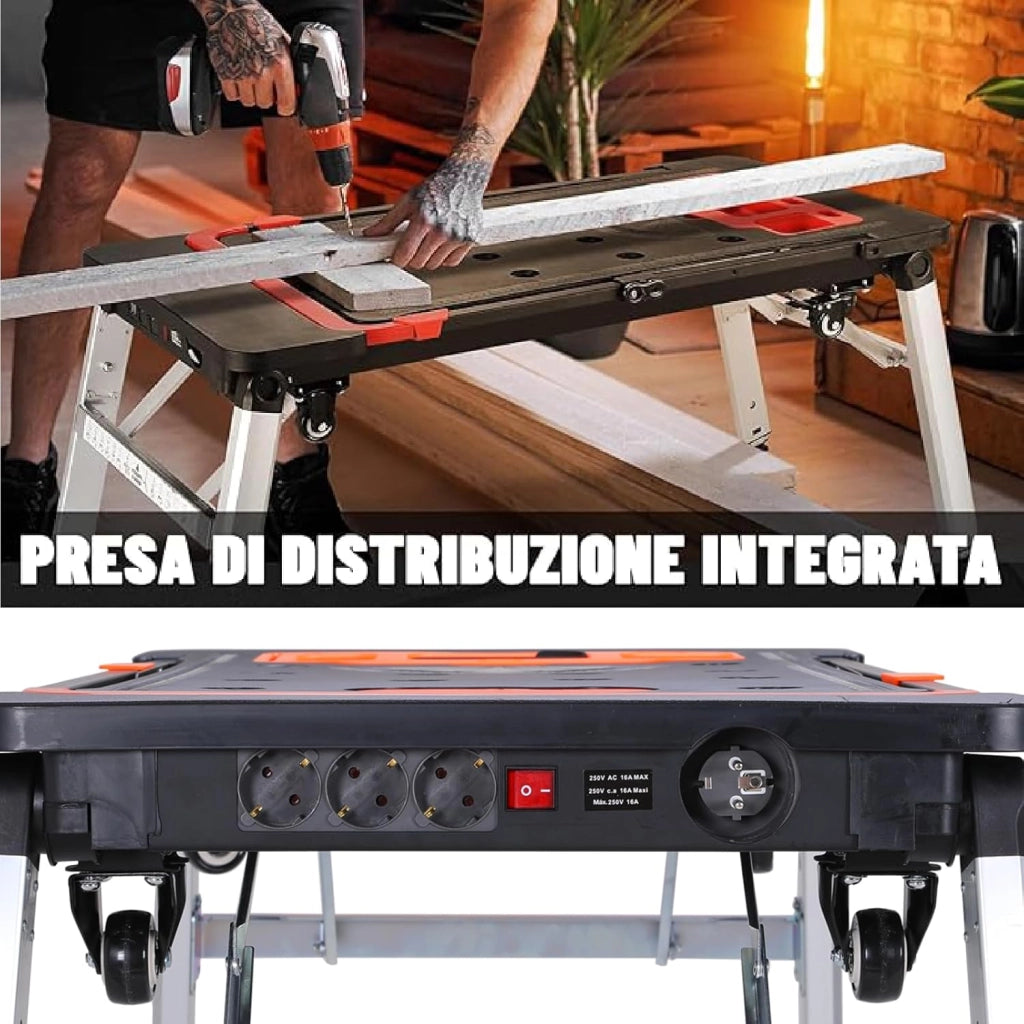 7 in 1 Banco da Lavoro Pieghevole,Tavolo da Lavoro Pieghevole Regolabile in Altezza con Spina Integrata,Carrello a Mano da Trasporto con 4 pcs Ruote,Piattaforma di Lavoro per Lavoro fai da te