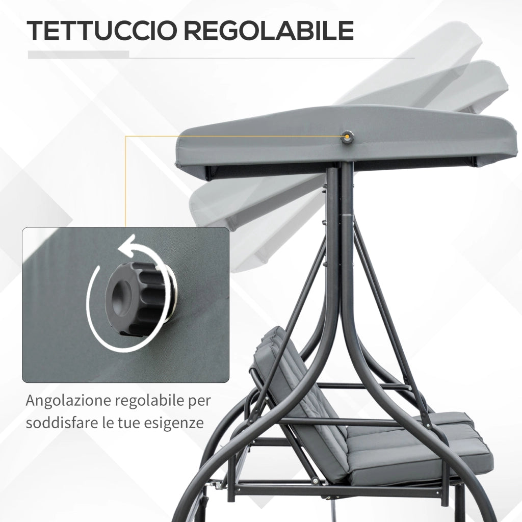 Dondolo da Giardino 3 Posti Convertibile in Lettino con Tettuccio Regolabile, Grigio Scuro