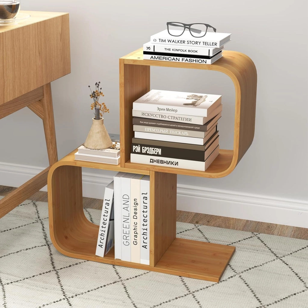 Libreria a Forma di S a 2 Cubi, in Bambù con Angoli Arrotondati e Dispositivo Anti-Ribaltamento, Scaffale Aperto per Soggiorno, Angolo e Camera da Letto (2 cubi)