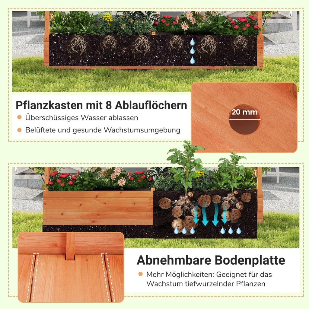 Fioriera rialzata con traliccio, 200 x 44 x 114 cm, fioriera con traliccio e tetto, aiuola rialzata per giardino, balcone, legno, per fiori, piante rampicanti e cesti sospesi, arancione