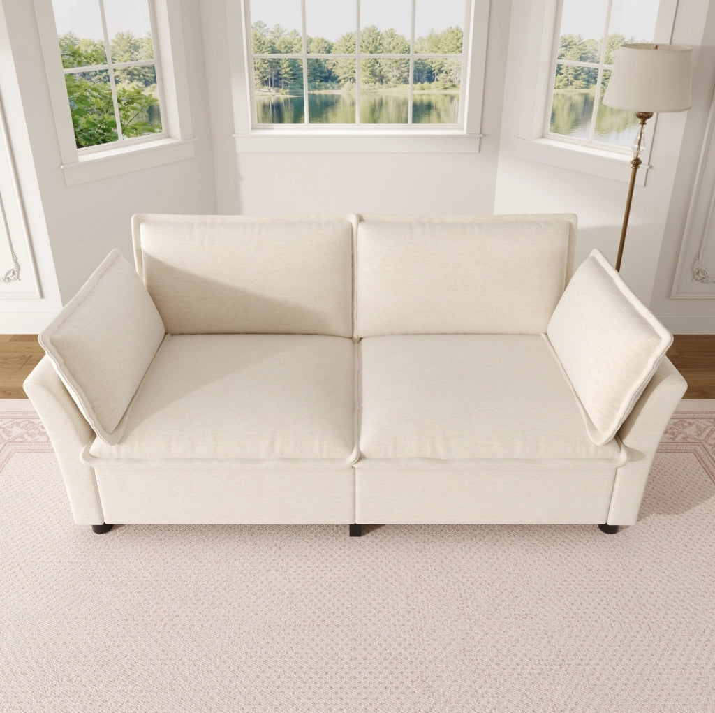 Divano 2 posti in ciniglia beige con 2 cuscini