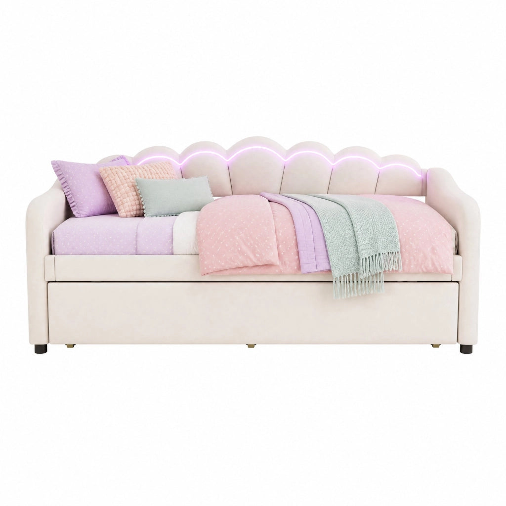 Letto a scomparsa con letto estraibile 90x200 cm, velluto, beige