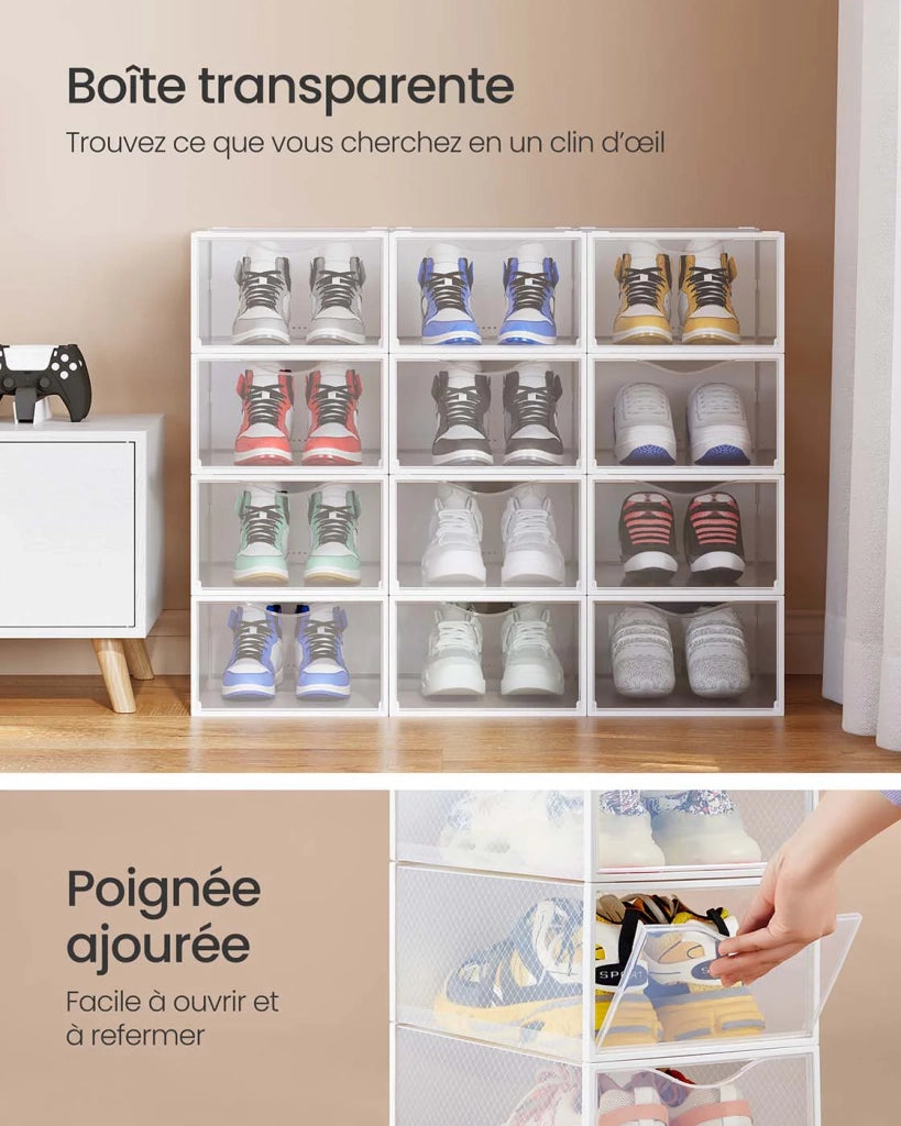 Scatole portascarpe in plastica con sportello set da 12 pezzi impilabili facile da montare 332 x 23 x 145 cm per scarpe fino alla misura 43 trasparenti e bianche 12_0004463