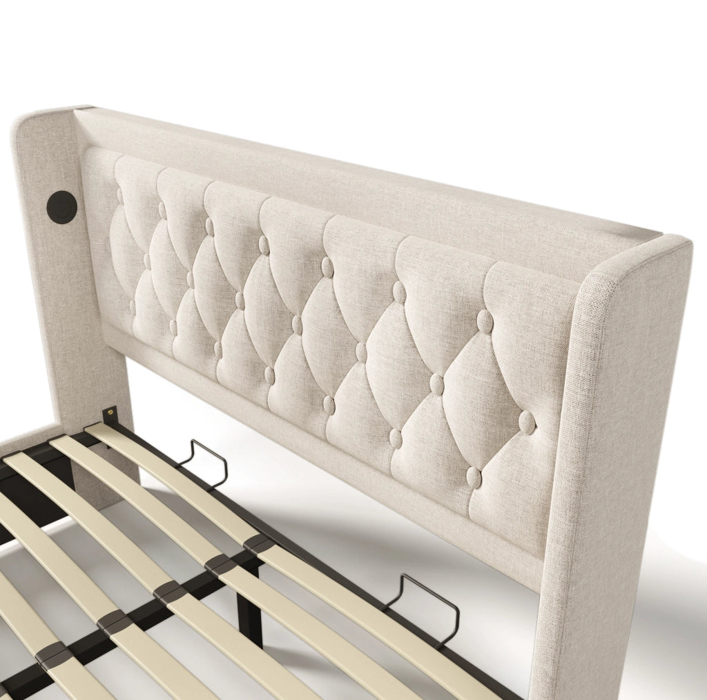Letto matrimoniale 160x200 cm imbottito beige con contenitore; LED a 3 lati e porte USB/Type-C; con materasso