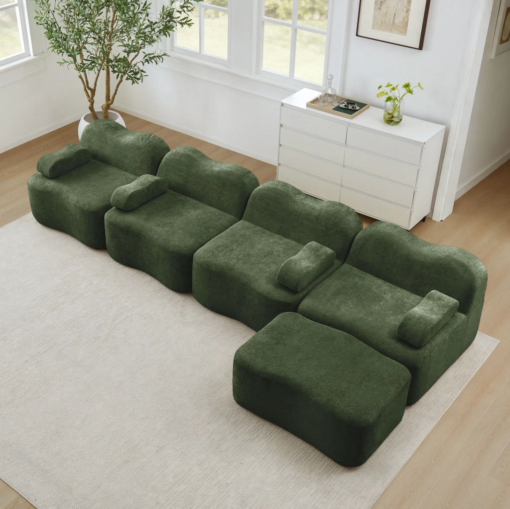 Divano angolare modulare 4 posti con pouf 384x167x70 cm in velluto verde