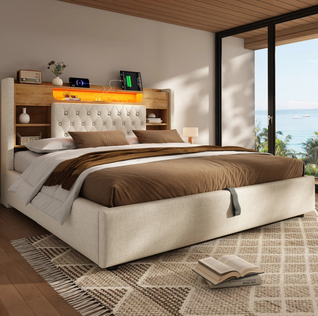 Letto matrimoniale 180x200 cm in lino beige con contenitore; LED e porte USB
