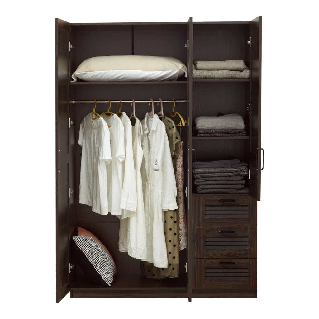 Armadio moderno per camera da letto mobile contenitore senza tempo 4 ripiani 3 cassetti MDF 176 x 120 x 52 cm effetto noce scuro 03_0006377