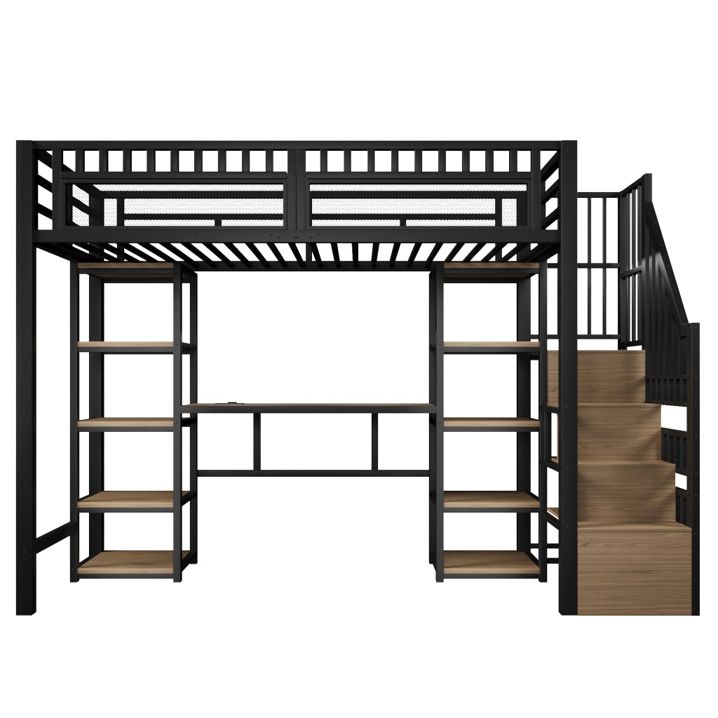 Letto a castello nero 90x200 cm ferro mdf con scrivania scala con contenitore luce led usb