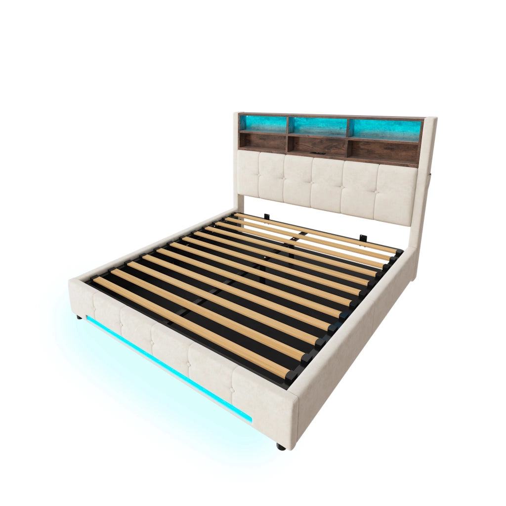 Letto Matrimoniale 160x200 cm con Contenitore; USB-C; LED e Velluto Beige