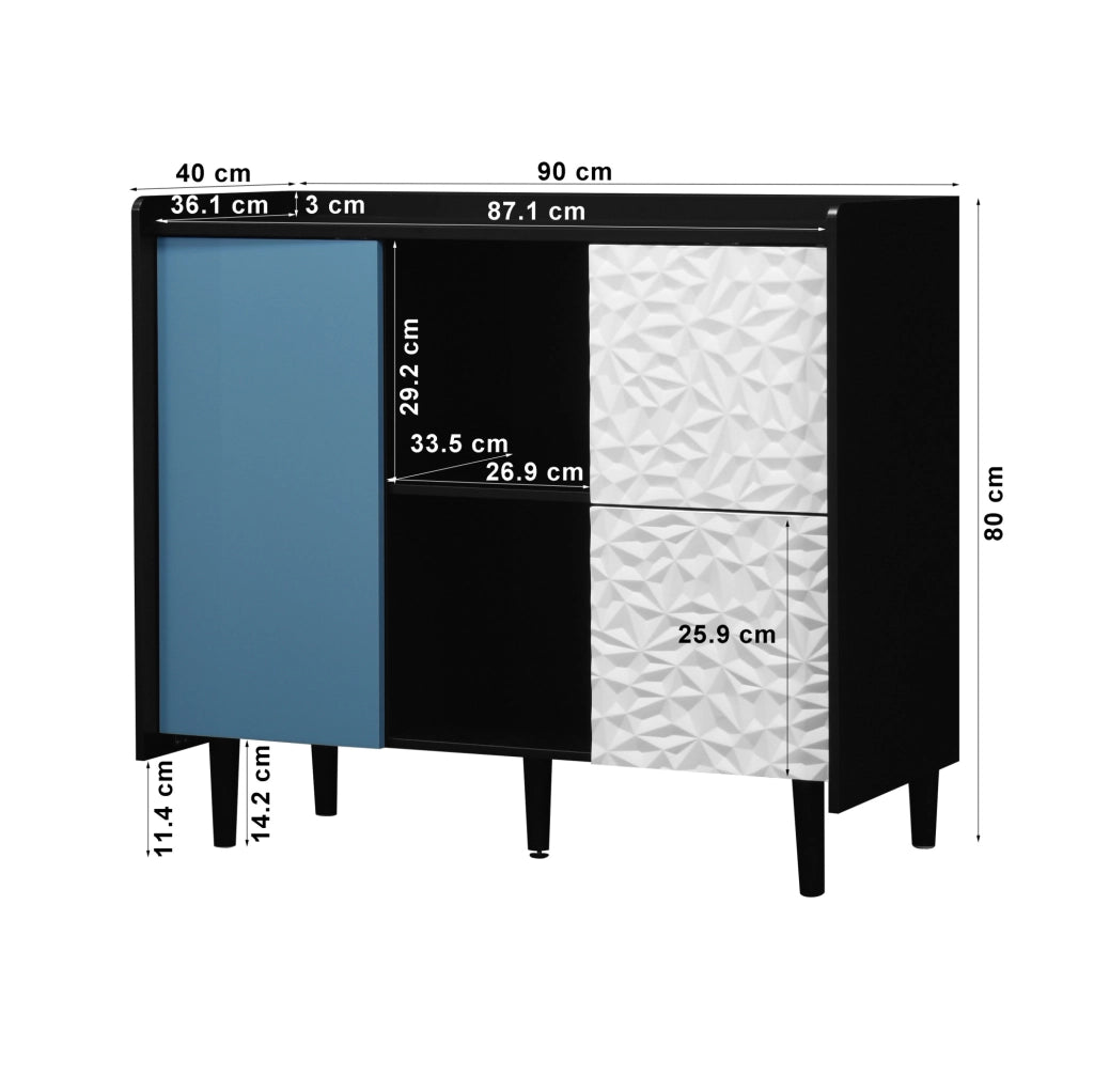 Credenza nera e blu in MDF; 2 cassetti; vano a giorno e vano chiuso; 90 L x 40 P x 80 H cm