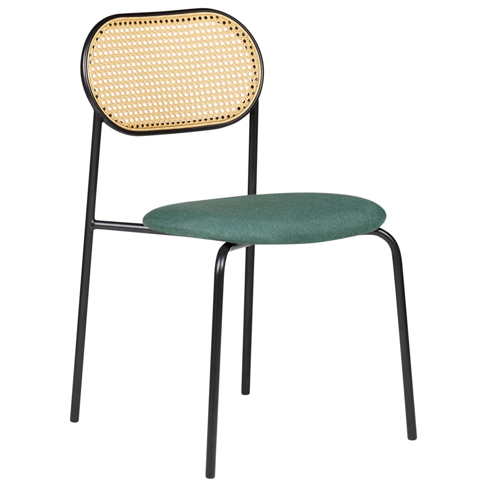 Set di 2 sedie da pranzo con seduta in tessuto e struttura in metallo nero con effetto legno intreccio viennese stile retrò soggiorno