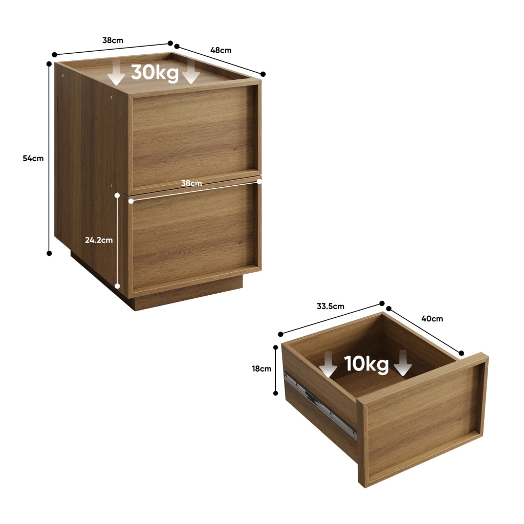 Comodino con 2 cassetti senza maniglie, in MDF e pannello truciolare, per camera da letto, rovere, 38 × 48 × 55 cm