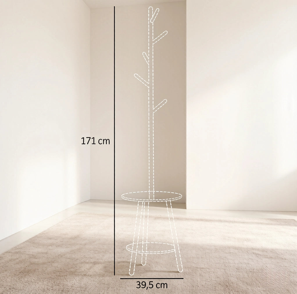 Appendiabiti 39.5x39.5x171 cm con 5 ganci e ripiano rotondo in bambù; bianco