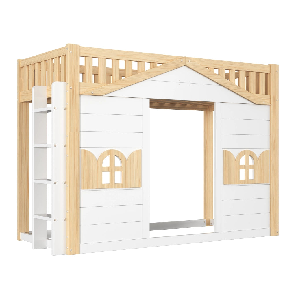 Letto a castello per bambini 90x200 cm in pino bianco con finestra e scala reversibile