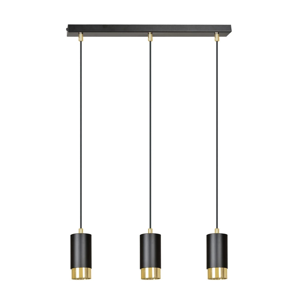 Lampadario 3 Luci Ivar Con Cilindri In Acciaio Nero E Oro
