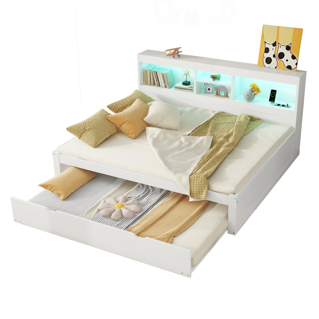 Divano letto / daybed 140x200 cm con illuminazione ambientale, presa e USB, vano laterale e letto estraibile, bianco