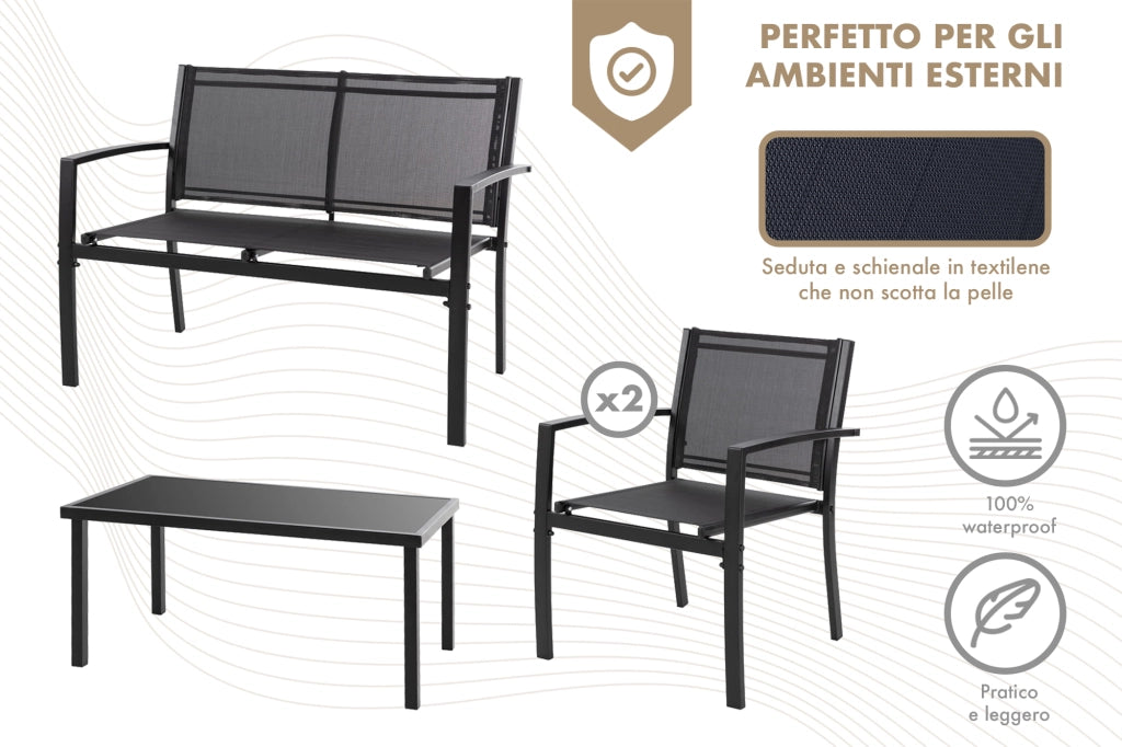 Salotto Da Esterno In Acciaio 2 Poltrone 1 Divano 1 Tavolo Giardino Esterno Con Seduta In Textilene Patio Salottino Relax Primavera Estate  Mobili Estivi 4 Posti Tavolo Ripiano In Vetro