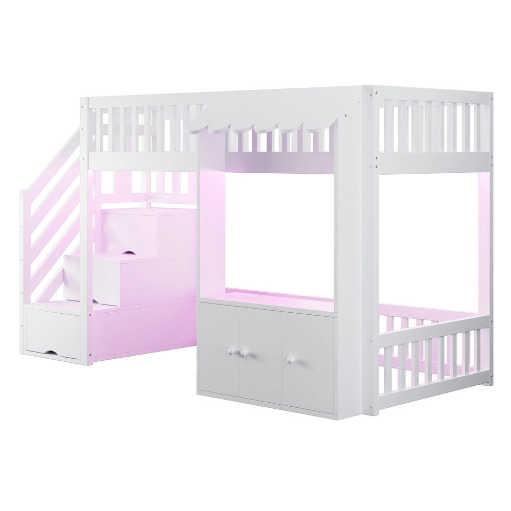 Letto a Soppalco Singolo con Armadio, Scala, LED e Rete a Doghe ¨C Xylo ¨C Bianco 90x200