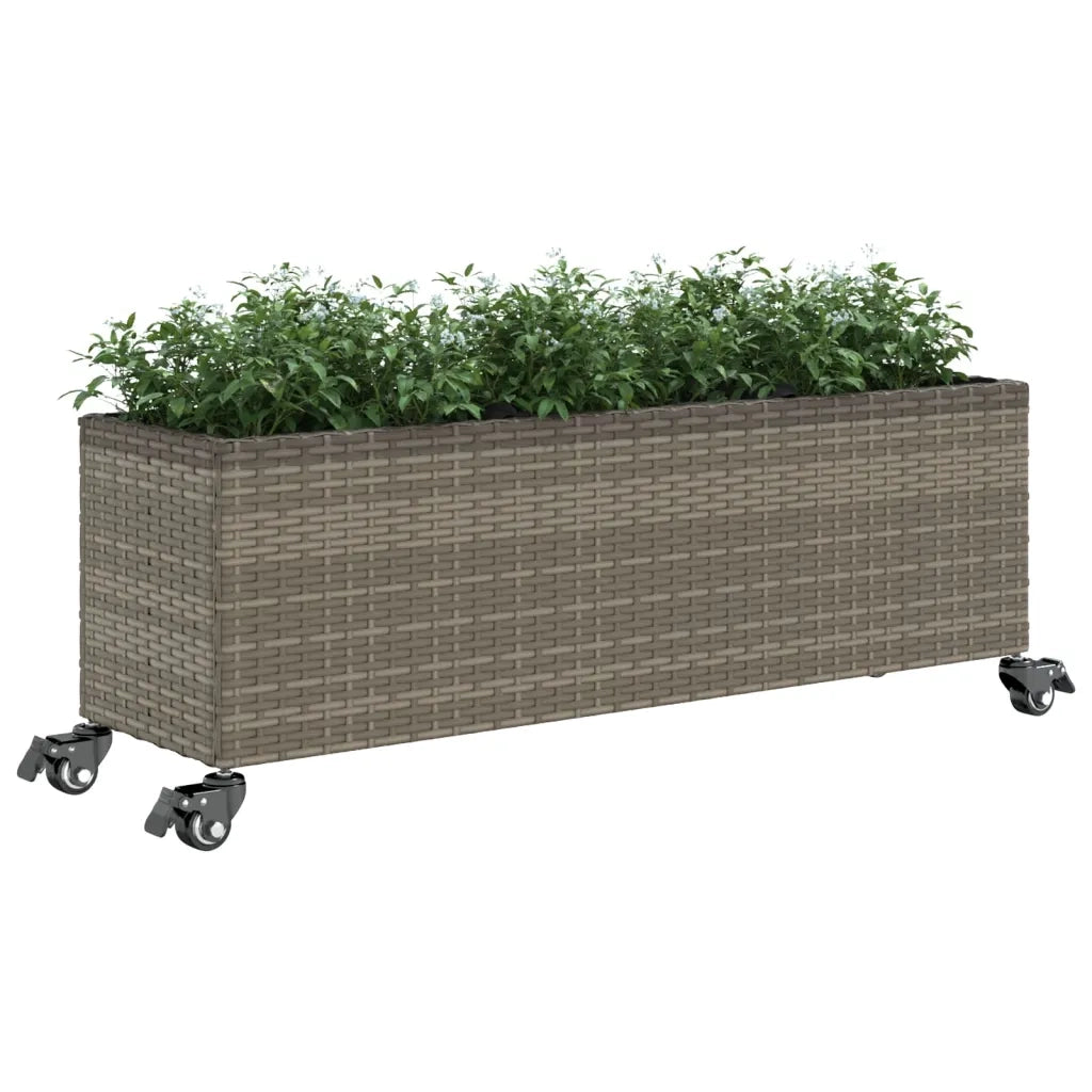 Fioriera con Ruote e 3 Vasi Grigia 107x32x38 cm in Polyrattan 366421