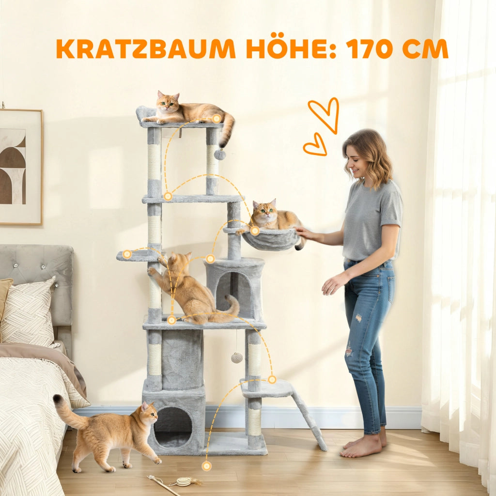 Albero tiragraffi per gatti con tunnel e tana ¨C zephmum ¨C 170 cm grigio chiaro