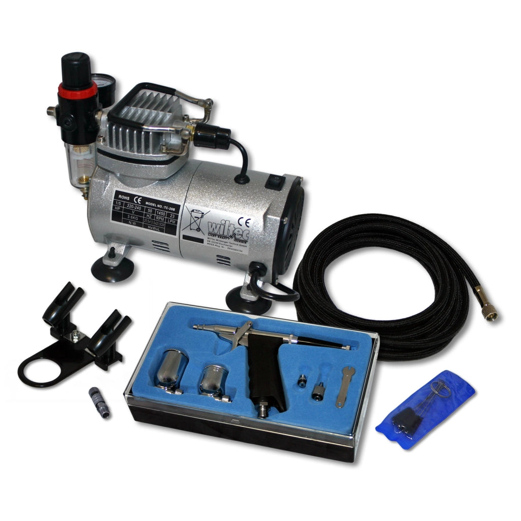 Set aerografia Compressore oil free AS18-2, Aerografo doppia azione, Accessori con tubo e raccordi