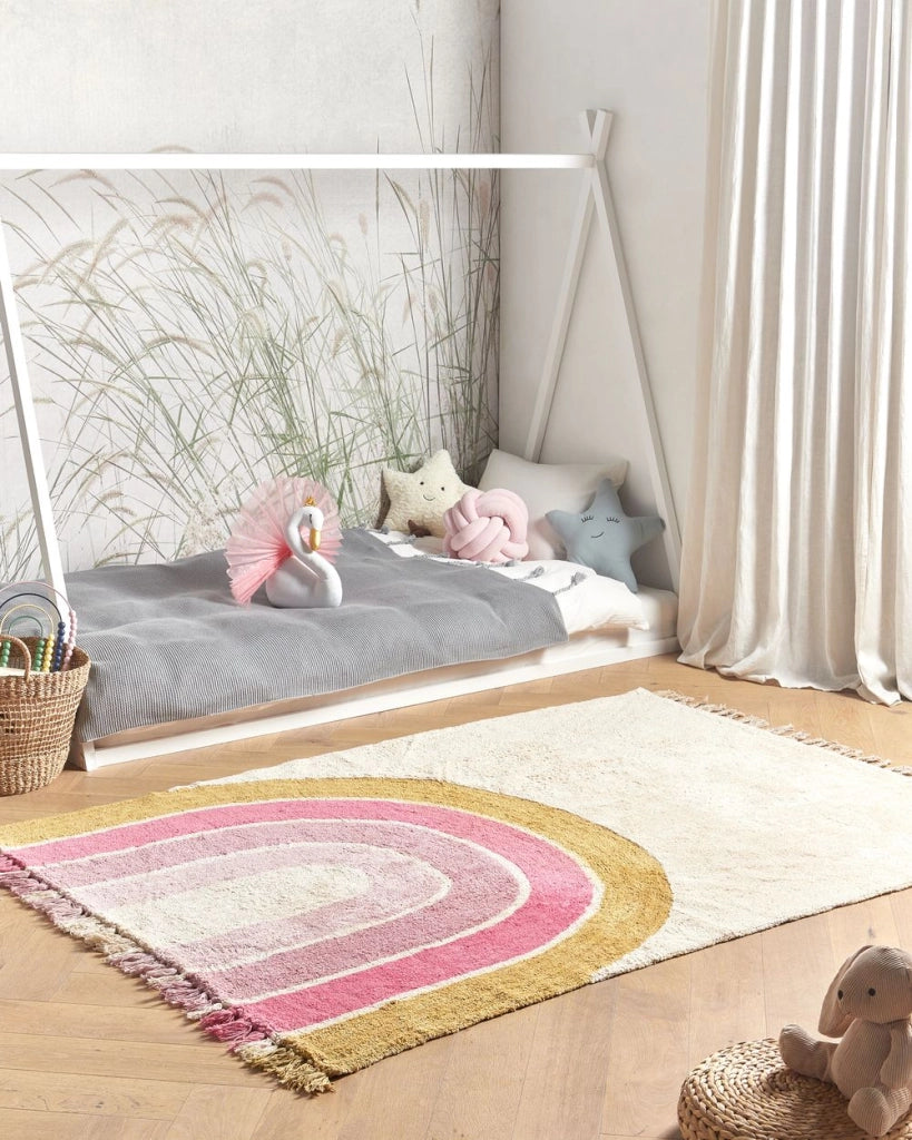 Tappeto per la cameretta con motivo arcobaleno beige e rosa 140 x 200 cm cameretta dei bambini