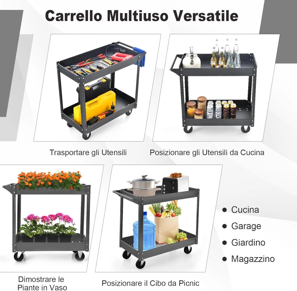Carrello Porta Attrezzi in Metallo a 2 Livelli, Carrello Portautensili Multifunzione con Maniglia, Capacità di carico di 50 kg (Nero)