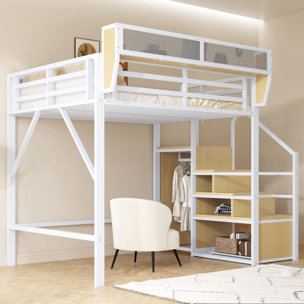 Letto a soppalco 140x200 cm in metallo bianco con ripiano