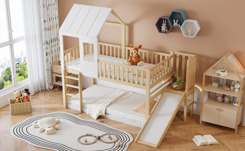 Letto a castello con scivolo e tetto naturale e bianco legno di pino 90x200 cm