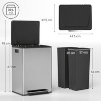 Pattumiera a Pedale con 2 Scomparti da 30L Coperchio Ammortizzato e Secchi Rimovibili in Acciaio Inox Argento