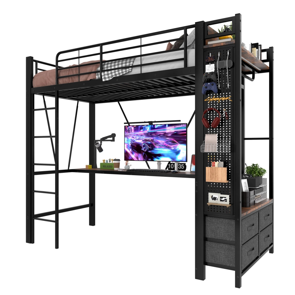 Hochbett 90x200 cm con scrivania, cassetti e illuminazione LED
