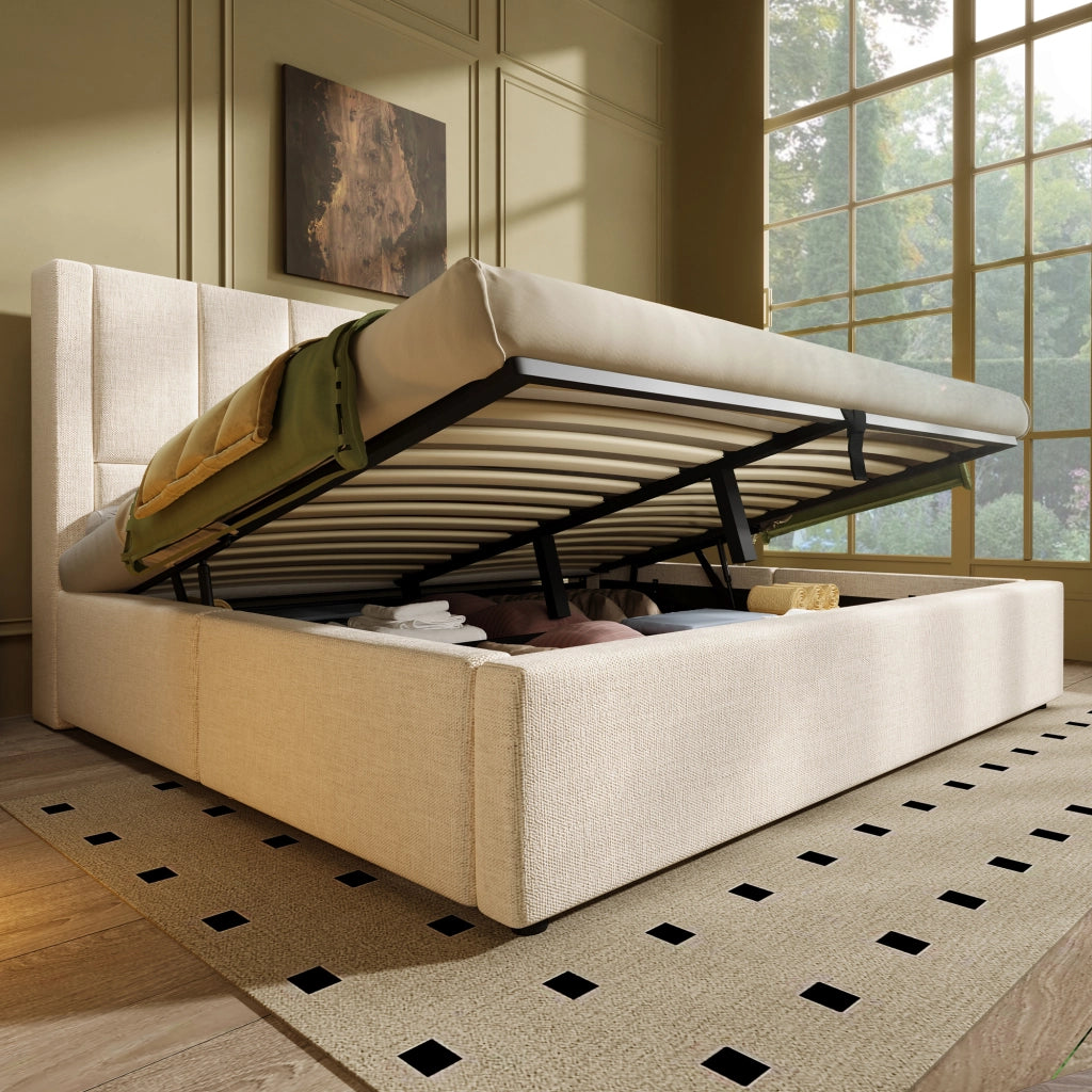 LETTO Contenitore 160x200 cm in lino beige con USB e portabicchieri