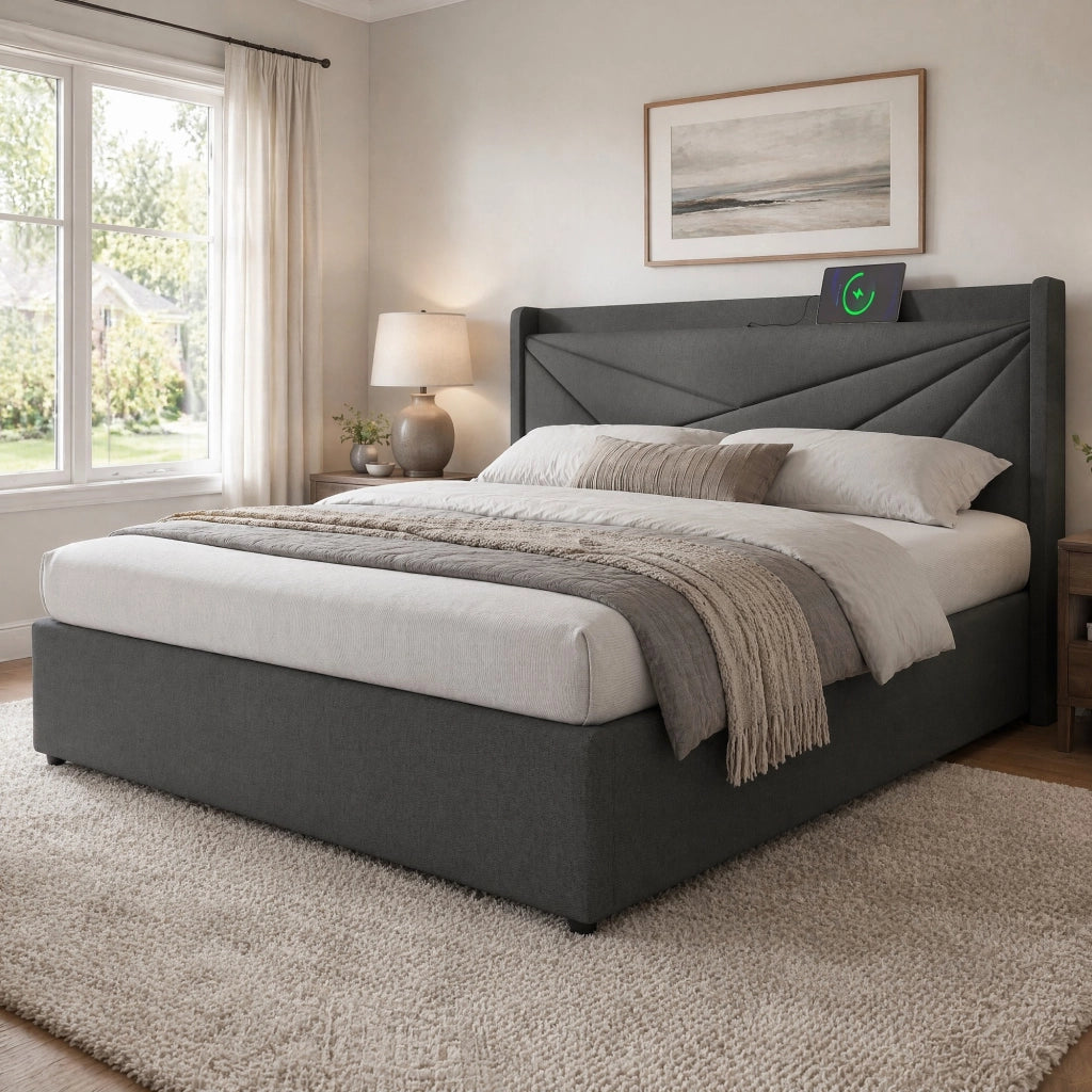 Letto matrimoniale imbottito 140x200 cm grigio con contenitore; USB e Type-C; struttura in metallo e cotone lino