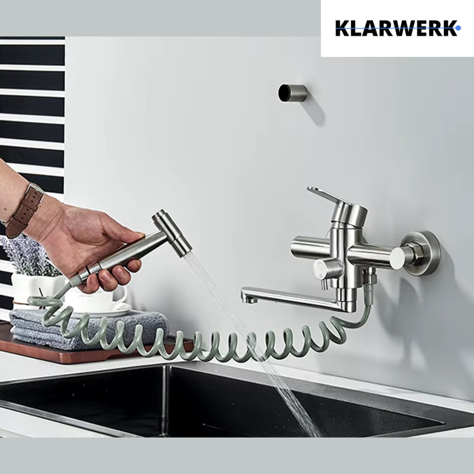 MASSIMO | Miscelatore Catering a parete Argento|Rubinetto cucina professionale in acciaio inox con doccetta|Beccuccio piatto da parete per ristorante