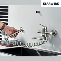 MASSIMO | Miscelatore Catering a parete Argento|Rubinetto cucina professionale in acciaio inox con doccetta|Beccuccio piatto da parete per ristorante