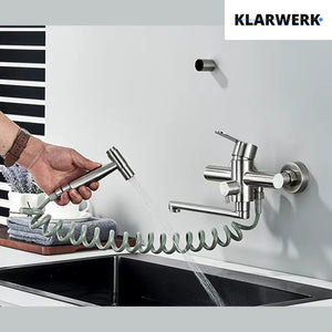 MASSIMO | Miscelatore Catering a parete Argento|Rubinetto cucina professionale in acciaio inox con doccetta|Beccuccio piatto da parete per ristorante