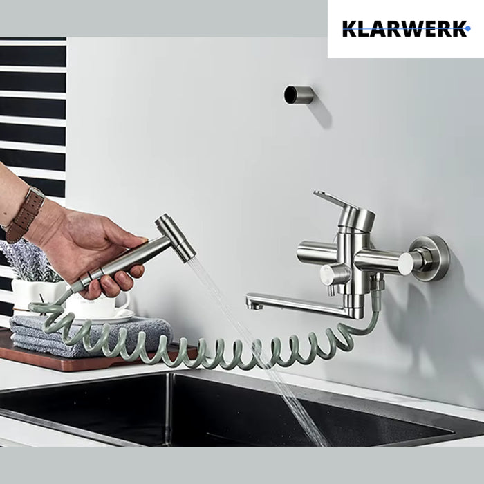 MASSIMO | Miscelatore Catering a parete Argento|Rubinetto cucina professionale in acciaio inox con doccetta|Beccuccio piatto da parete per ristorante